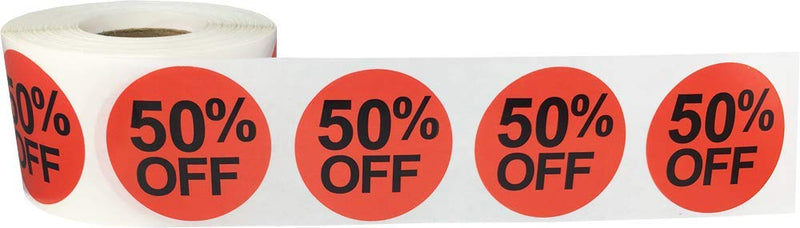 50% Percent Off Stickers for Retail 1.5 Inch 500 Adhesive Labels 50% Off