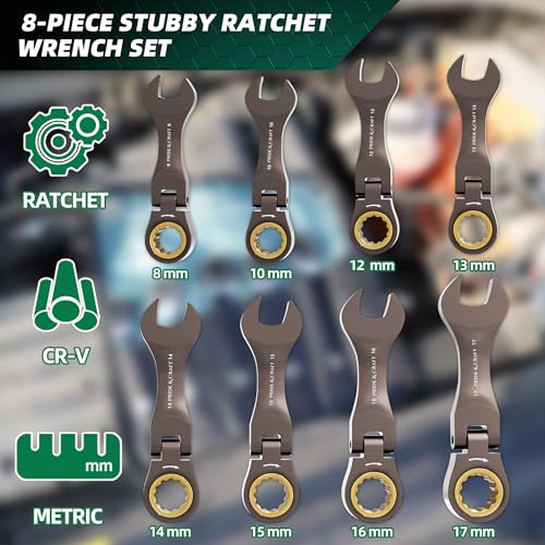 PRIDE&CRAFT 8 Piece Flex Head Stubby Ratcheting Combination Wrench Set, Metric 8-17mm, 90-Teeth, CRV, Nickel Plating with Rolling Pouch