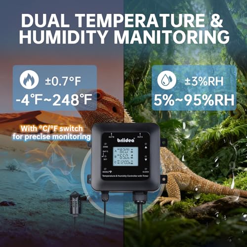 Briidea Smart WiFi Temperature and Humidity Controller with Timer Outlet, 3-in-1 Reptile Thermostat Hygrostat, App Control via Dual-Band 2.4G/5G WiFi for Greenhouse, Incubator, Mushroom, and Homebrew