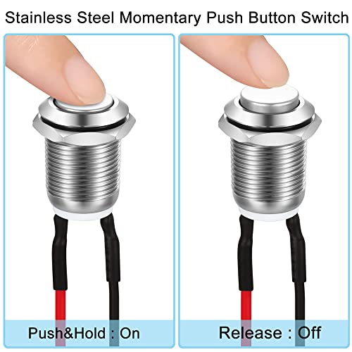 Gebildet 5 x Waterproof Push Button Momentary Stainless Steel Button On Off 12 mm 2A/12V/24V/125V/250V with Wire (Protruding) Silver-E545