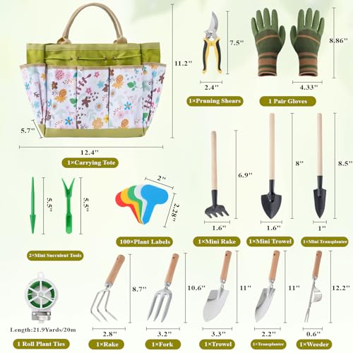 15-Piece Garden Tool Set for Women, Heavy Duty Gardening Kit with Floral Garden Bag, Steel Garden Hand Tools, Plant Labels, Gloves, Gardening Gift Basket for Men Gardeners Plant Lovers, Green
