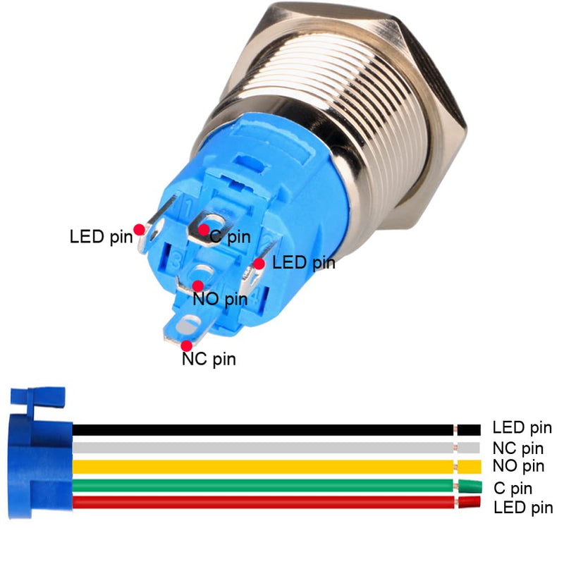 Gebildet 2 Pieces 16mm Stainless Steel Latching Push Button Switch 12V-24V 5A Power Symbol LED 1NO1NC SPDT ON Off Waterproof Toggle Switch with Socket Plug (Blue LED) Blue