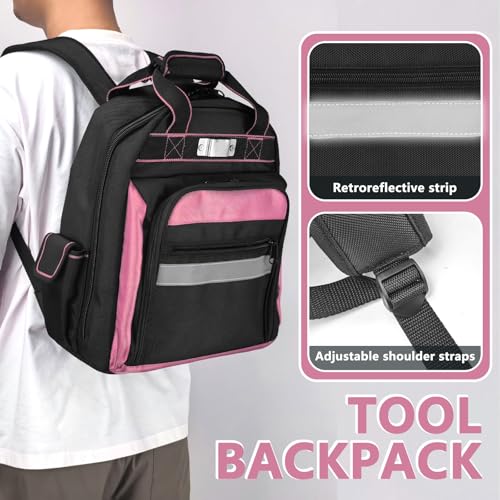 Men/Women Tool Bag Backpack, Heavy Duty Tool Backpack with Round Molded Base, 1680D Professional Level Durable Multi Pockets Tool Organizer for Electricians & Home Repair (Pink) Pink