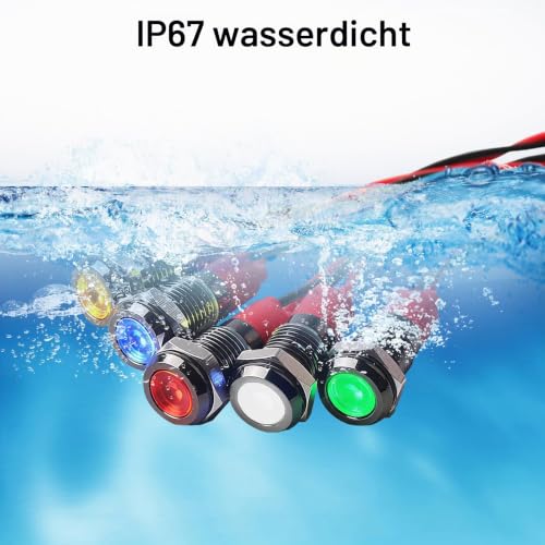 Indicator Light 6mm 12V Set of 10 Waterproof IP67 | Metal Housing Car Signal Lamp for Motorcycle/Truck/Boat, 2 each Red/Green/Yellow/White/Blue