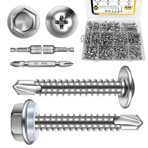 Mywish 430PCS Self Tapping Screws Assortment Kit & 155Pcs Black Self Tapping Screws for Metal, Truss Head 410 Stainless Steel Self Drilling Screws, Sheet Metal Screws Assortment Kit