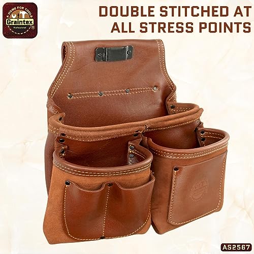 Graintex Ambassador Series 6 Pocket Framers Professional Nail & Tool Pouch Durable and Versatile Genuine Top Grain Leather for Framers, Constructors, Electricians, Plumbers, Handyman Chestnut Brown