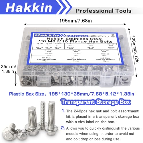 Hakkin 248Pcs Flanged Hex Bolts M6 M8 M10 Metric Bolt Assortment, Flange Hex Bolts and Nuts Kit M6 Bolt M8 x 1.25 M10-1.5 Stainless Steel Hex Head Screws Nuts Washers Assortment Kit A M6 M8 M10 Flanged Hex Head Silver (248pcs)