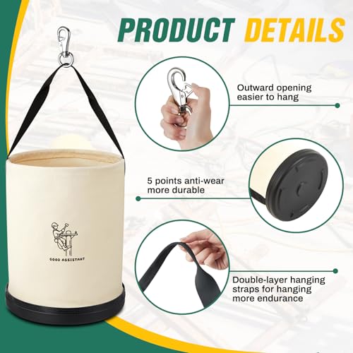 1 Pack 15" x 12" Canvas Tool Bucket Bag, Heavy Duty 150 Lbs Load Capacity, Truck Tool Organizer with Plastic Bottom Metal Hook for Linemen Electricians & Construction Workers (White) White 1