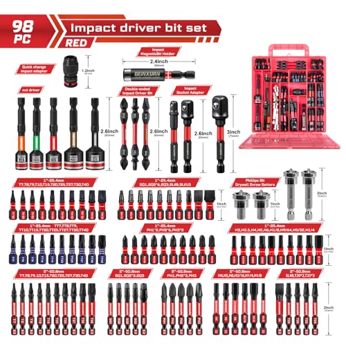 Geinxurn 98Pieces 1”/2” Impact Screwdriver Bits Set, Magnetic S2 Steel (Phillips/Slotted/Square/Torx/Hex/Security Torx) Driver Bits Tips,Impact Bit Holder and Nut Driver with Red Storage Box Case 1"/2"-98PCS Multi-bit Red