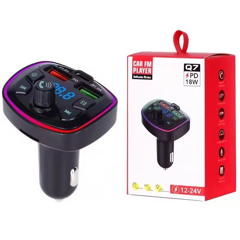 Q7 Bluetooth Car MP3 with FM Transmitter Car Charger | Play Music + Handsfree Call + Charger | 2 USB Ports + TF Card Slot | Black, Small, ch-44