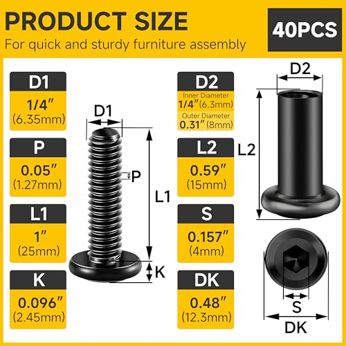 Mywish (20Sets) 1/4-20 Bolt x 1" Button Head Socket Cap Bolts & (20Sets) 1/4-20 x 1 Flat Head Socket Cap Screws Bolts and Barrel Nuts Kit, Black Oxide 304 Stainless Steel Nuts and 18-8 Allen Screws As