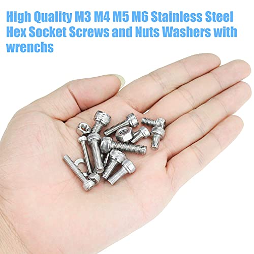 DYWISHKEY 520 PCS M3 M4 M5 M6, 304 Stainless Steel Hex Socket Head Cap Bolts Screws Nuts Washers Assortment Kit with Hex Wrenches Socket Head Screws