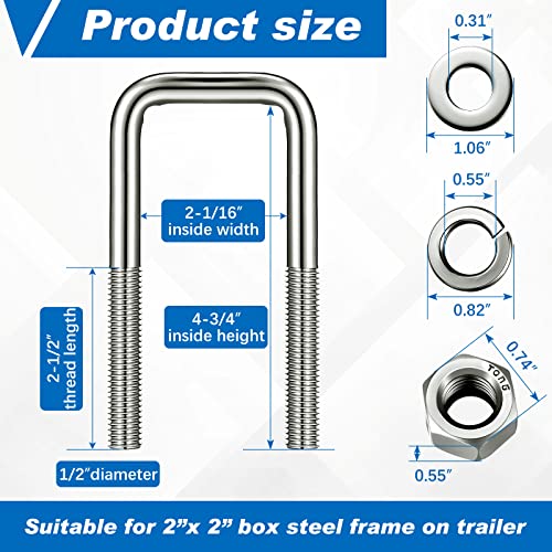 4 Pcs 304 Stainless Steel Square U-Bolt, 1/2 D x 2 1/16 W x 4 3/4 Inch