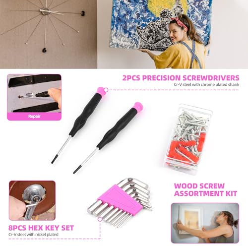 URASISTO 123 Piece Pink Household Tool Set with 3.6V USB Electric Screwdriver, Home Tool Kit with Cordless Lithium-ion Drill Driver, HandTool Kits for Women