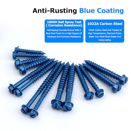200PCS Concrete Screws, 3/16" 1/4" Masonry Screws with Drill Bit and Driver Bit, 7 Sizes Hex Head Cement Screws for Masonry, Block or Brick, Diamond Point, Blue Coated 200PCS 3/16" & 1/4" Assortment (7 Sizes) Slotted Hex Head