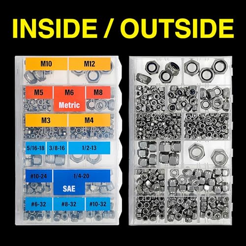 EEEEE Lock Nuts Assortment 444 pcs Stainless Steel 304 Metric locknut M3 M4 M5 M6 M8 M10 M12#6#8#10 1/4 5/16 3/8 1/2 Nylon Insert Hardware nut Lock Metric nylock nut Secure nut Steel Metric and SAE 444pcs