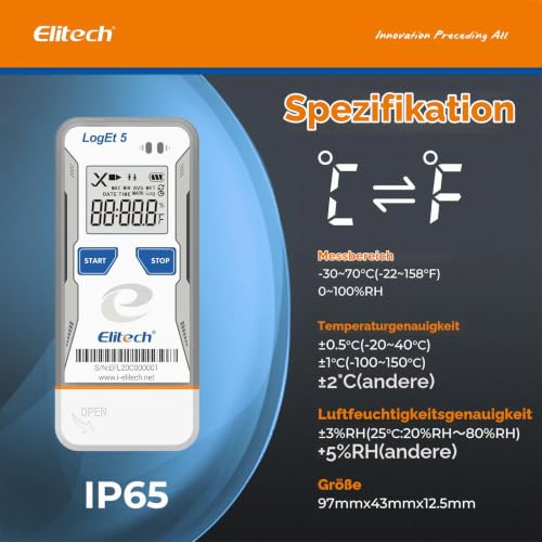 Elitech LogEt5TH USB Temperature and Humidity Data Logger, -30°C to 70°C, 32000 Memory Points, Auto PDF/CSV Reports, Compatible with Windows & MacOS, Reusable for Food Cold Chain Temperature -30 ~ 70 °C and humidity