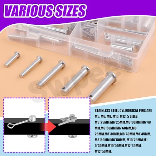 Swpeet 51Pcs 18 Size M5 M6 M8 M10 M12 Zinc Plated Clevis Pins with Cotter Pin Assortment Kit, Single Hole Flat Head Clevis Pins Split Pins Hairpin Cotter Pin Fitting Hole Location Clips Fastener