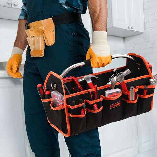 Kowsinde 18 Inch Tool Bag, Electrician Tool Bag, Open Top Tool Bags, 26 Pockets Can Hold Many Tools, Steel Handle and Removable Shoulder Strap Orange