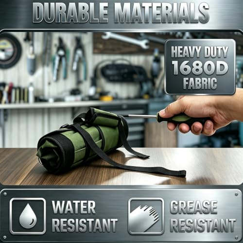 Heavy Duty Roll Up Tool Bag Organizer - 1680D Oxford, 23.6"x13", See-Through PVC Pockets, 12 Compartments for Mechanic, Electrician & Tradesperson Green