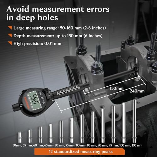 Digital Dial Bore Gauge Set, High Precision Measures 2-6 inch/0.0005" Includes Self-Centering Dial Bore Gauge with Carbide Anvils for Deep Engine Cylinder Measurement 12 Anvils, 1 Measuring Rod