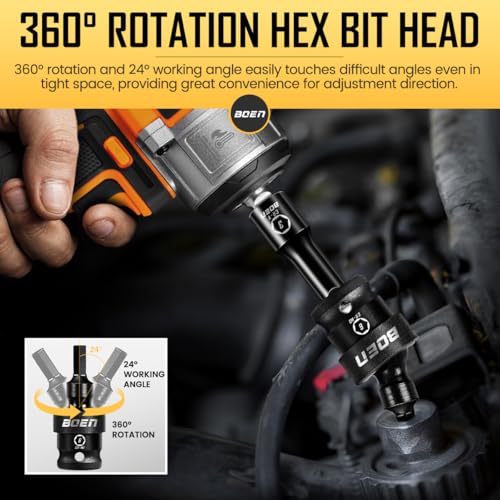 boen 3/8" Drive Universal Hex Bit Socket Set, 7-Piece Metric Impact Swivel Allen Bit Sockets, 360° Rotation Flexible Wobble Hex Bit Driver Socket Set, With Storage Rail, CR-MO Steel HEX-METRIC