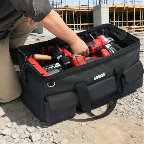 HAUTMEC 24" Large Contractors Tool Bag, Wide Mouth Tool Bag with Hard Base & Metal Frame, 21-Pocket Double Zippers Heavy-Duty Tool Organizer for Heavy Tools – HT0184 24" Large Tool Bag