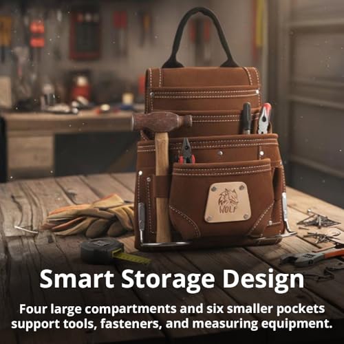 WOLF WTH2141I Heavy-Duty Genuine Reversed Leather 10-Pocket Tool Bag