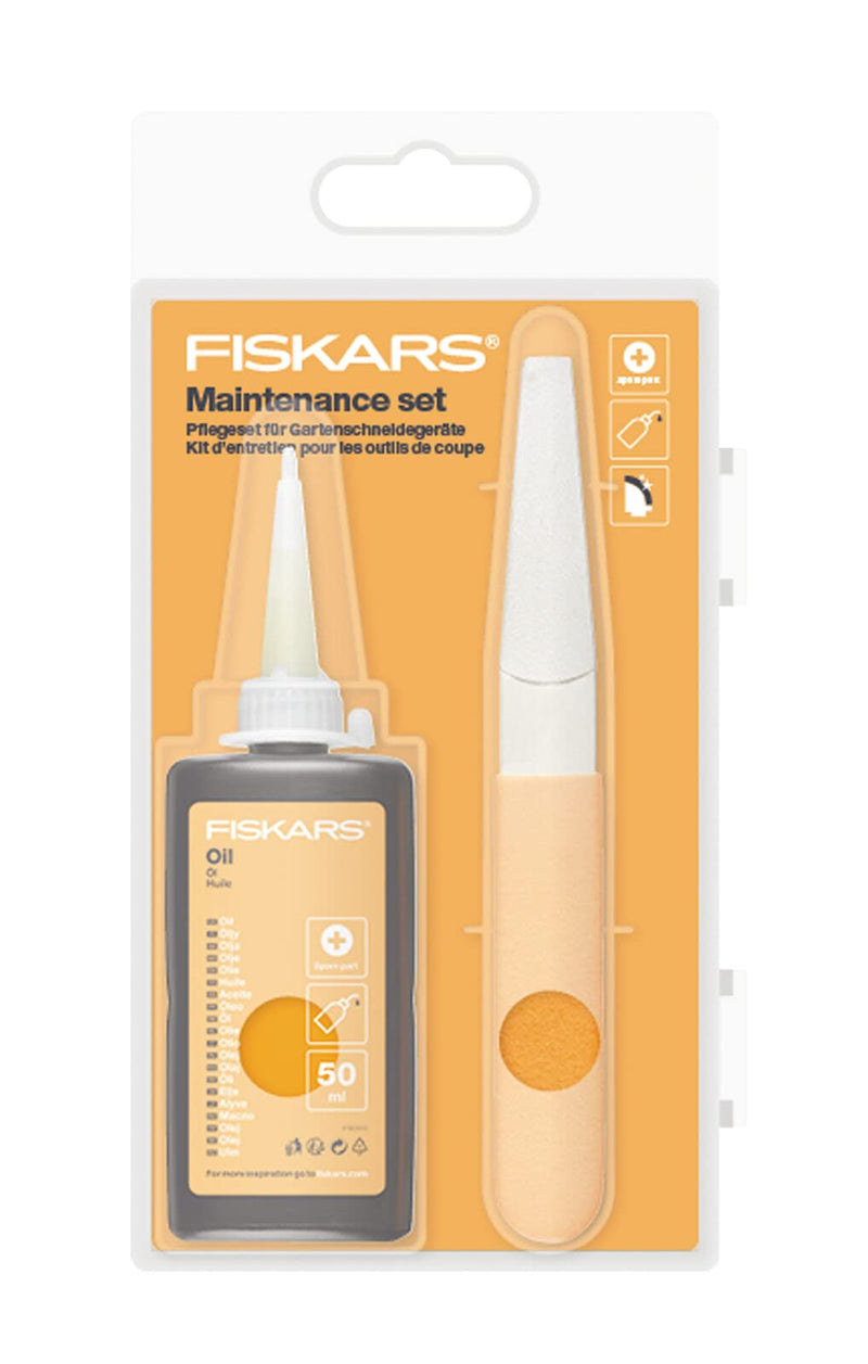 Fiskars care set for garden cutting tools, with diamond file, oil and care instructions, 1001640