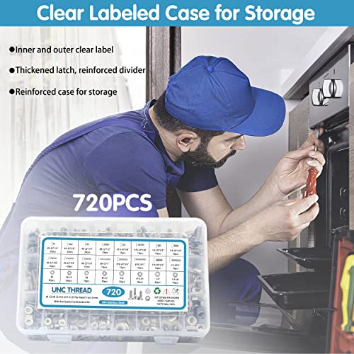 720Pcs Nuts and Bolts Assortment Kit, Machine Screws,SATANTECH #6-32#8-32#10-24#1/4-20 Stainless Steel Screws Set, Phillips Flat Head 16 SAE Sizes Assorted Nuts Bolts Washers with Labeled Case Flat Head Machine Screw kit