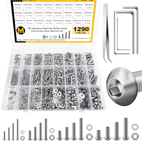 Mywish 540Pcs Metric M3 M4 M5 Screws Assortment Kit & 1290 Pieces M2 M3 M4 M5 Screw Nuts and Bolts Assortment Kit, 304 Stainless Steel 3D Printer DIY Metric Bolt Assortment, Spring & Flat Lock Washers