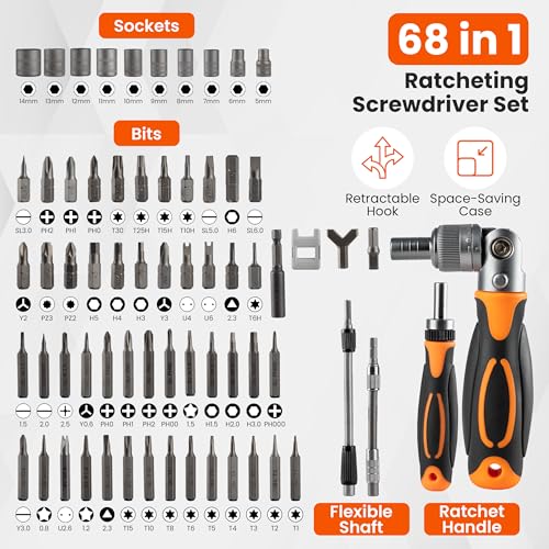 Ratcheting Screwdriver Set – 68-in-1 Compact Precision Tool Kit with Magnetic Bits, Mini Ratchet Screwdriver for Electronics, Home Repair