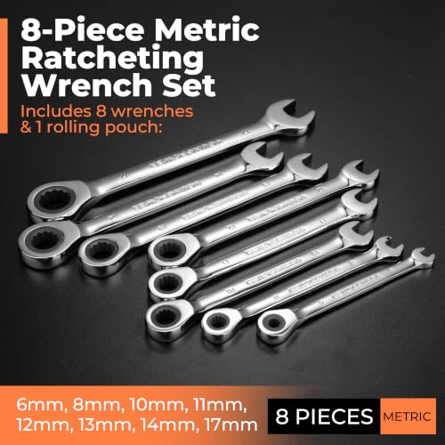 8-Piece Metric Ratcheting Combination Wrench Set, 72-Tooth, CR-V Steel 6mm-17mm