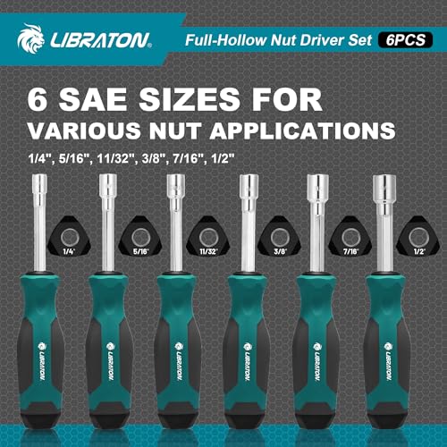 LIBRATON Full-Hollow Nut Driver Set SAE, 12-Point Magnetic Nut Drivers 6