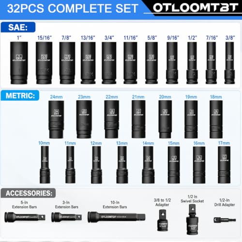 OTLOOMTBT 32PCS Impact Socket Set 1/2" Drive Metric & SAE Deep Sockets 1/2 Inch 32 PCS
