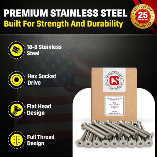 Stainless 3/8-16 x 3 (3/4" to 3" Available) Socket Flat Head Screws, Full Thread, Hex Drive, Stainless Steel 18-8, Coarse Thread (3/8-16 x 3) 3/8-16 x 3"
