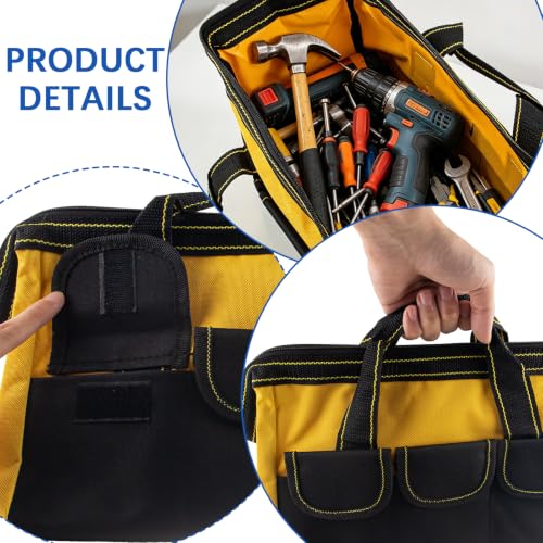 3 Pack 13 Inch Tool Bag, Wide Mouth Tool Tote Bag with Waterproof Base, Heavy Duty Tool Storage Bag Organizer for Various Tools, 5 Pockets, Blue, Yellow, Red