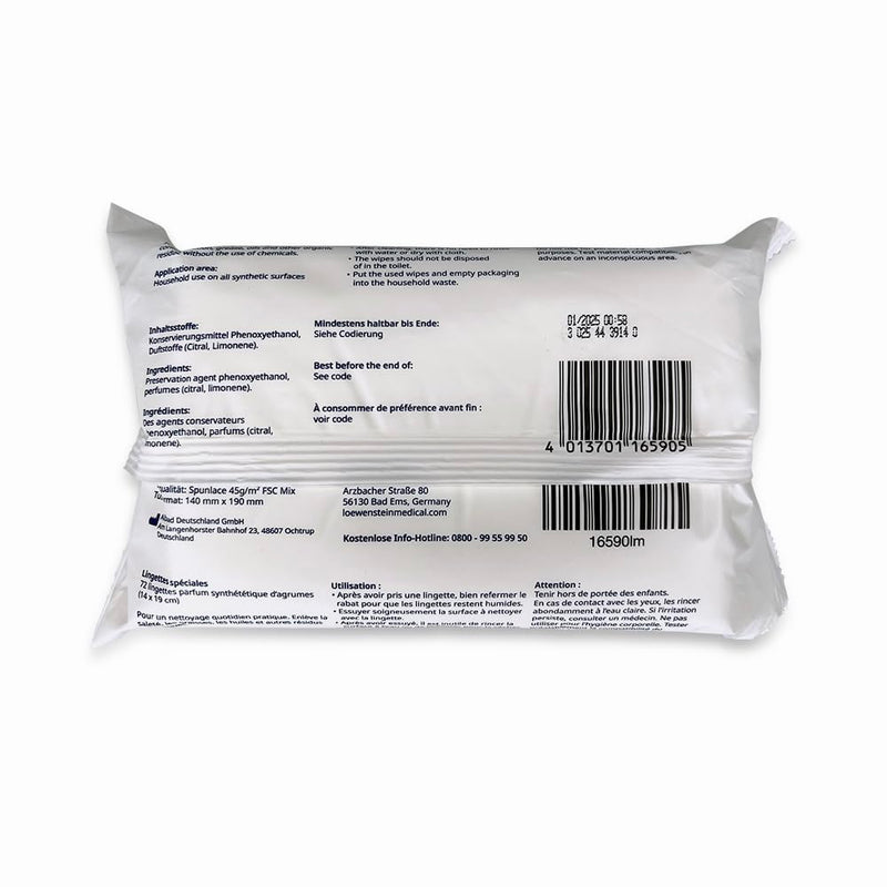 Löwenstein special cleaning cloths - 1 x 72 pieces - scent: citrus - cloth size 14 x 19 cm - cleaning of plastic surfaces (e.g. CPAP masks and accessories made of plastic)