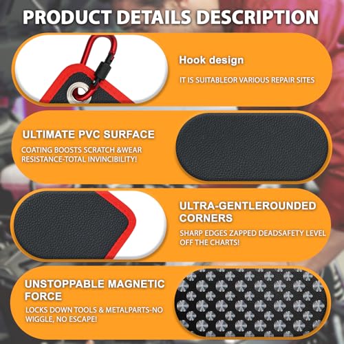 3Pcs Magnetic Tool Mat&Carabiner,Storage Organizer for Auto,Wrench,Screw Red 3-Piece Set with Hooks