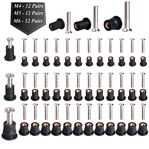 WEDAMER 54 Pairs Neoprene Well Nuts Kit M4 M5 M6 with Stainless Steel Screw M5 Rubber Well Nuts Kayak Brass Copper Bolts Well Nut Kit for Kayak Motorcycle Boat Marine Windscreen Accessories (M4 M5 M6)