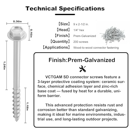 VCTGAM® SD Connector Screws SD9212R200 – 9 x 2-1/2", 1/4" Hex Head, Structural Framing Joist Hanger Screws, Prem-Galvanized High-Strength Corrosion & Deformation Resistant Wood Screws, (200-Qty) 200
