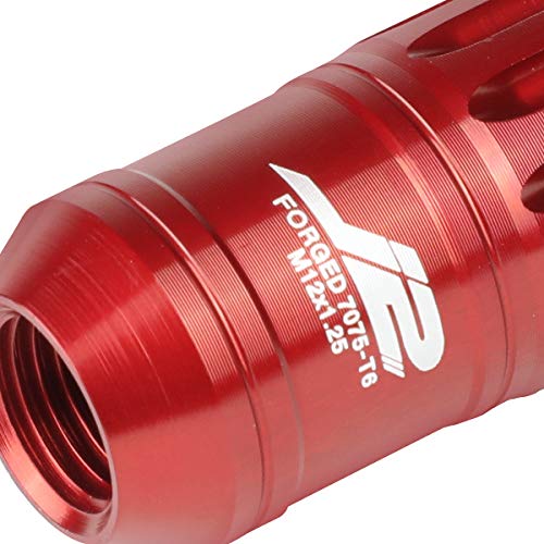 J2 Engineering LN-T7-012-125-RD 7075-T6 Aluminum M12 x 1.25 16Pcs 80mm Tall Spiky Cap Lug Nut w / 4Pcs Lock+Key Red