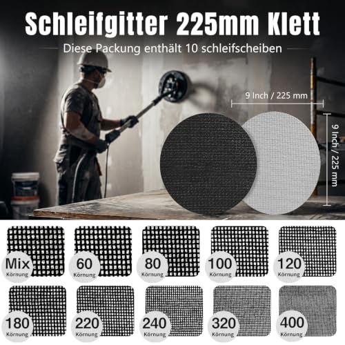 Sanding grid 225 mm, P120 sanding discs for drywall sanders | Pack of 10, dust-free anti-clogging design, thickened fastener, silicon carbide, drywall wood metal loops 120 grit