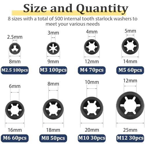 500 PCS 304 Stainless Steel Internal Tooth Lock Washers Assortment Kit and 500 PCS Steel Black Oxide Finish Internal Tooth Star Lock Washers