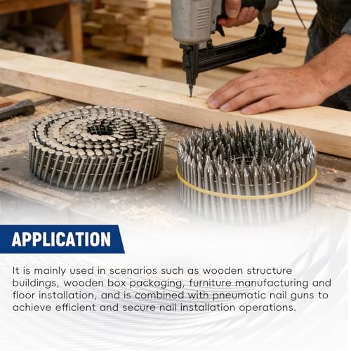 waltyotur 1200 Count Stainless Steel Coil Roofing Ring Shank Siding Nails 15-Degree Collated Wire Coil 1-1/2 Inch, 0.09 Inch Ring Shank, Small Cap Coil Stud Siding Nails 1-1/2 Inch x 0.09 Inch