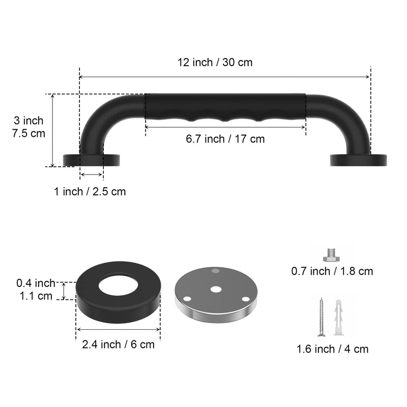 2 Pack 12 Inch Anti-Slip Shower Grab Bars w/Rubber Grip, iMomwee Stainless Steel Bathroom Wall Mount Matte Black Grab Bar Handle, Safety Balance Handrail, Handicap Elderly Senior Assist Bath Handle matte black with rubber grip