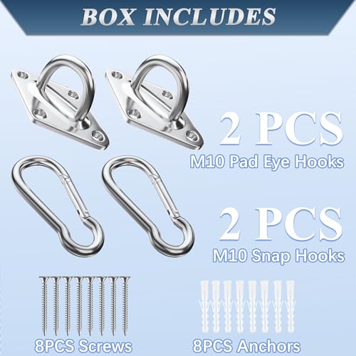 OHIYO Heavy Duty M10 Hanging Bundle: 4Pack 5inch Self-Tapping Eye Hooks + 2 Pad & 2 Snap Hooks for Hammock, Swing, Yoga, Indoor/Outdoor
