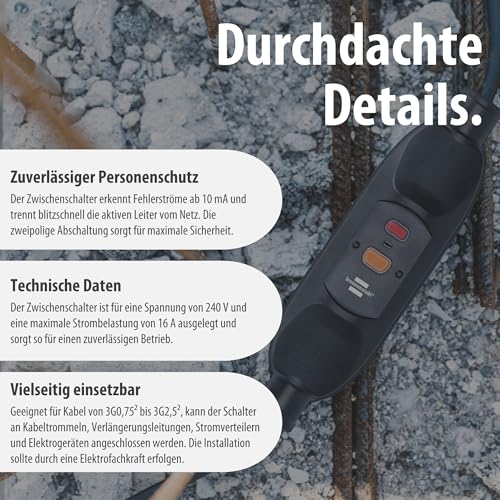 Brennenstuhl PRCD Mobile Personal Protection Intermediate Switch BDI-Z 1 10 IP66 | For cable mounting, with FI circuit breaker for outdoor use 10 mA, two-pole shutdown