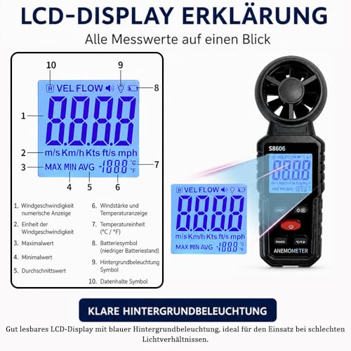 3 in 1 Handheld Digital Anemometer Anemometer Anemometer | Measurement of wind speed, wind strength and wind temperature, digital anemometer with LCD screen