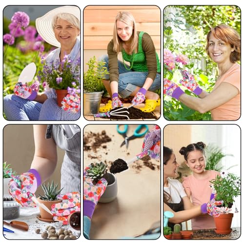 Garden Tools Set, JUMPHIGH 10 Pieces Gardening Tools with Floral Print, Ergonomic Handle Trowel Rake Weeder Pruner Shears Sprayer, Garden Hand Tools with Carrying Case Gardening Gifts for Women Father Purple